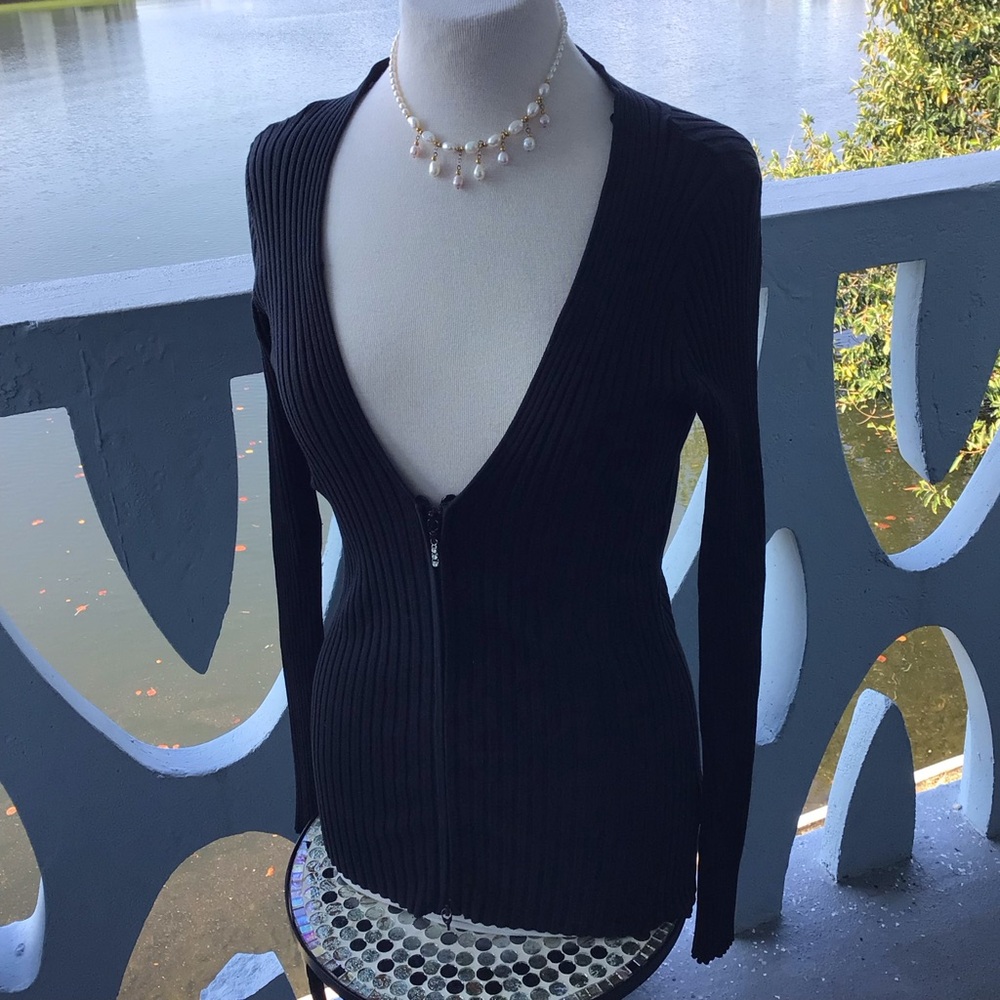 Cache Black Ribbed V-Neck Zip-Up Sweater with Rhinestone Zip Pull Accent - Picture 3 of 10